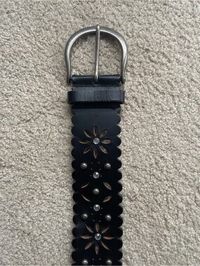 Express Black Floral Cutout Leather Belt with Studs